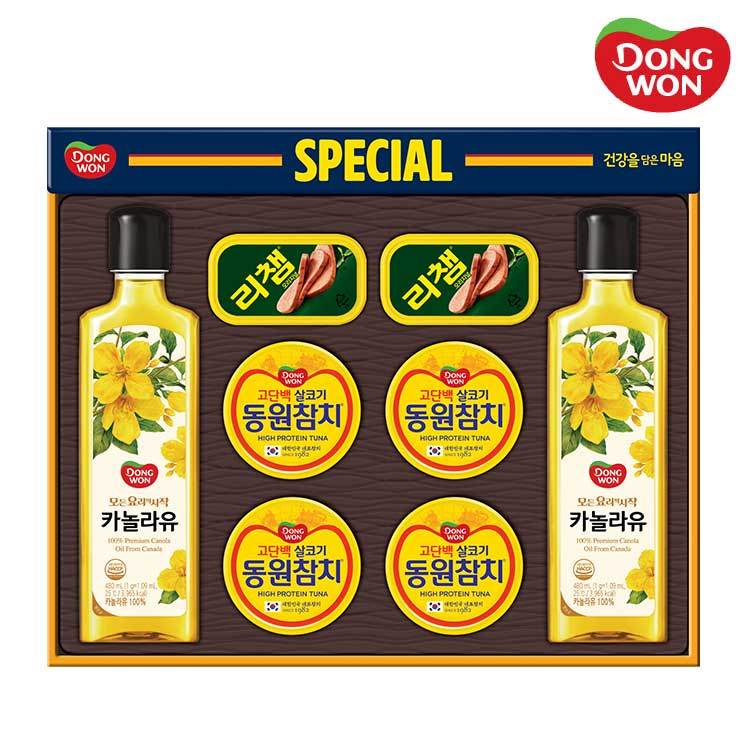 [26년설][동원선물세트] 동원참치 O-85호 (라이트스탠다드 참치 85g 4캔 + 리챔 120g 2캔 + 카놀라유 480ml 2병)