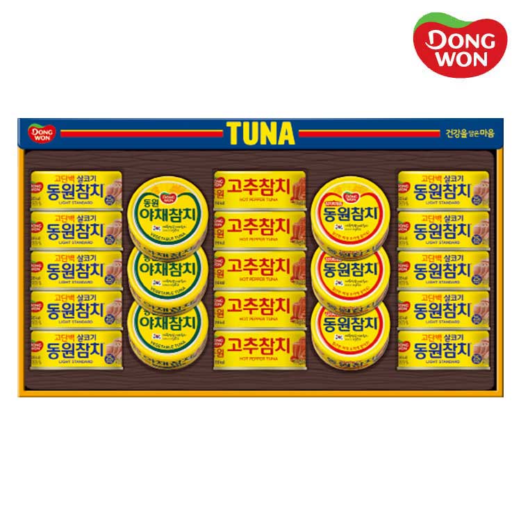 [26년설][동원선물세트] 동원참치 T21호 (라이트스탠다드 135g 10캔 + 고추참치 135g 5캔 + 야채참치 135g 3캔 + 김치찌개용참치 135g 3캔)