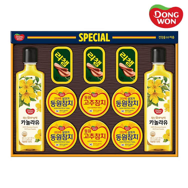 [26년설][동원선물세트] 스페셜 O-87호 (라이트스탠다드 85g 4캔 + 고추참치 85g 2캔 +리챔 오리지널 120g 3캔 + 카놀라유 480ml 2병)