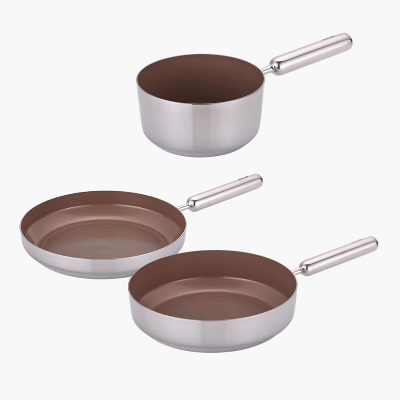 [네오플램] 엣지팬 스텐 브라운 IH 쿡웨어 3종세트 (18cm밀크팬. 28cm프라이팬, 28cm 궁중팬)