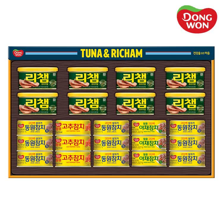 [26년추석][동원선물세트] 튜나리챔 O8호 (라이트스탠다드 85g 9캔 + 고추참치 85g 3캔 + 야채참치 90g 3캔 + 리챔 오리지널 200g 8캔)