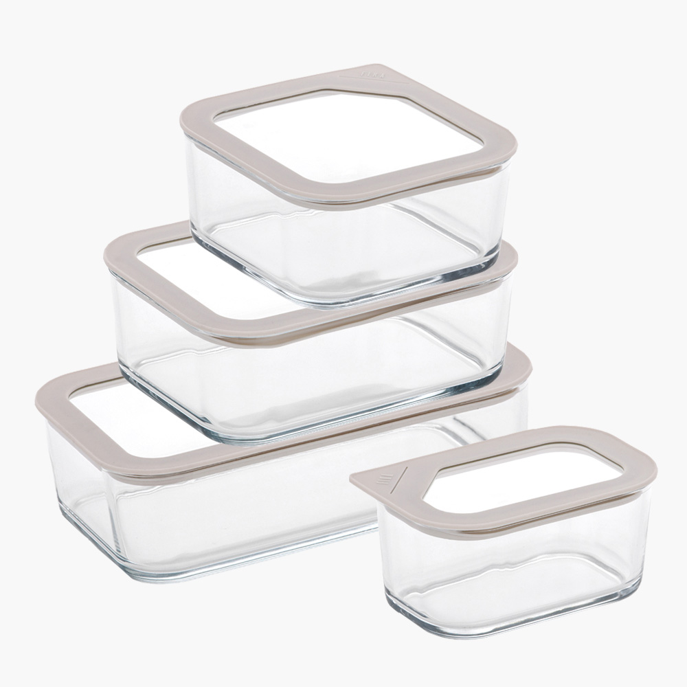 [네오플램] 피카원 글라스 모듈형 내열유리 밀폐용기 4종 세트 (직사각 530ml + 정사각 930ml, 직사각 1,300ml + 직사각 1,600ml )-화이트