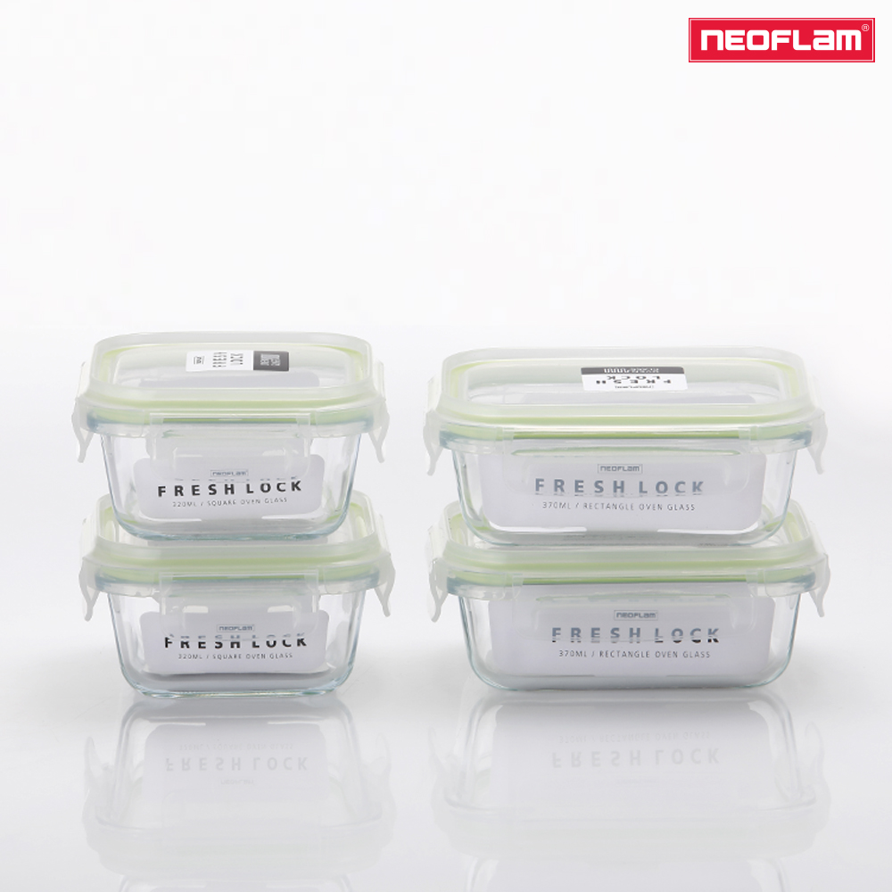 [네오플렘] 프레시락 내열유리 밀폐용기 4종 세트 ( 정사각 320ml*2 직사각 370ml*2)