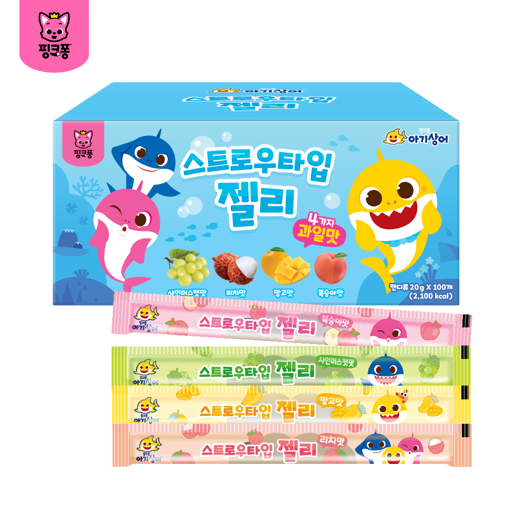 핑크퐁 스트로우타입 젤리 100개 4가지맛(복숭아 리치 망고 샤인머스캣)랜덤포장