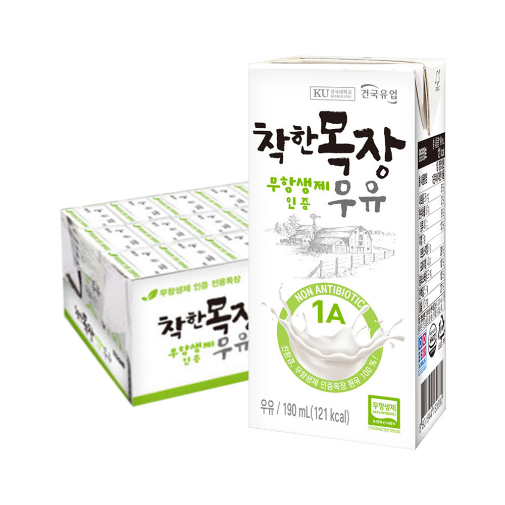 건국유업 착한목장 무항생우유 200ml 24팩