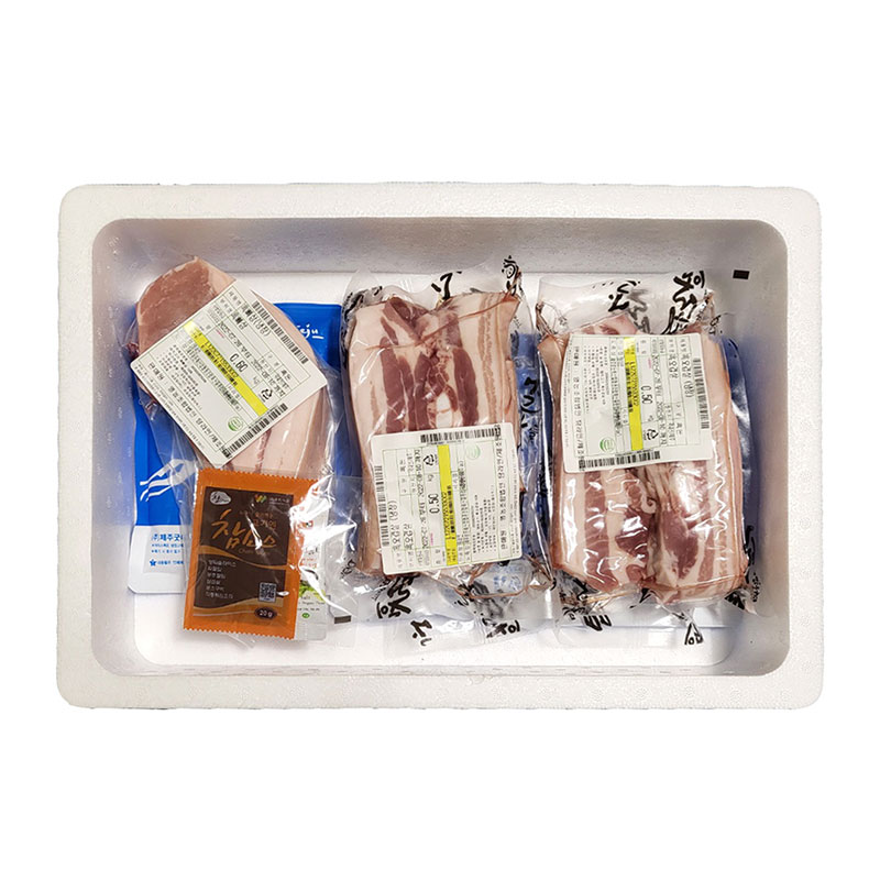 제주하우스 흑돼지 선물세트 흑2호 오겹살 1kg+뼈삼겹 600g