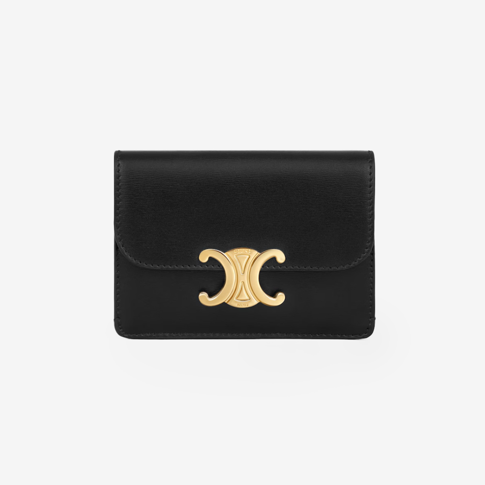 셀린느 트리옹프 플랩 카드지갑 샤이니 카프스킨 블랙