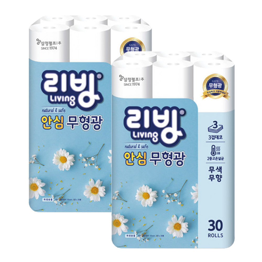 삼정 3겹 리빙 데코 안심 무형광 화장지 25m 30롤 2팩
