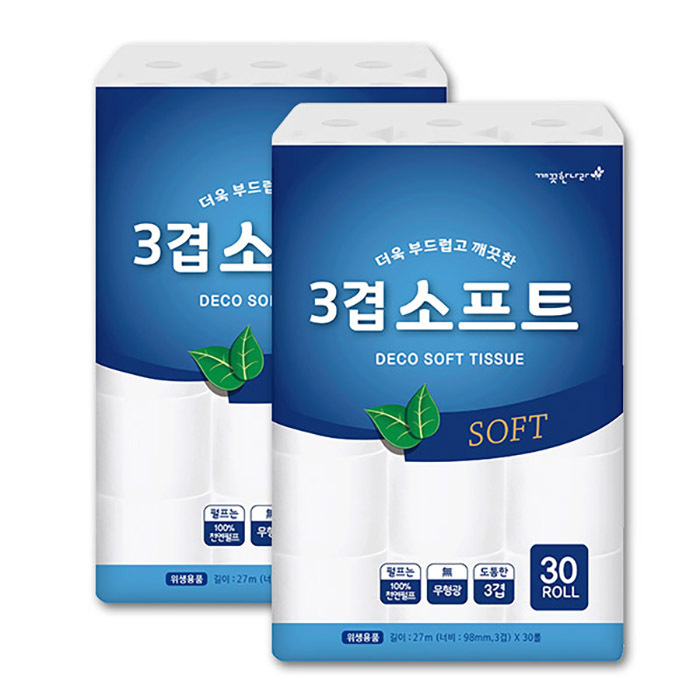 깨끗한나라 3겹 데코 소프트 화장지 27m 30롤 2팩