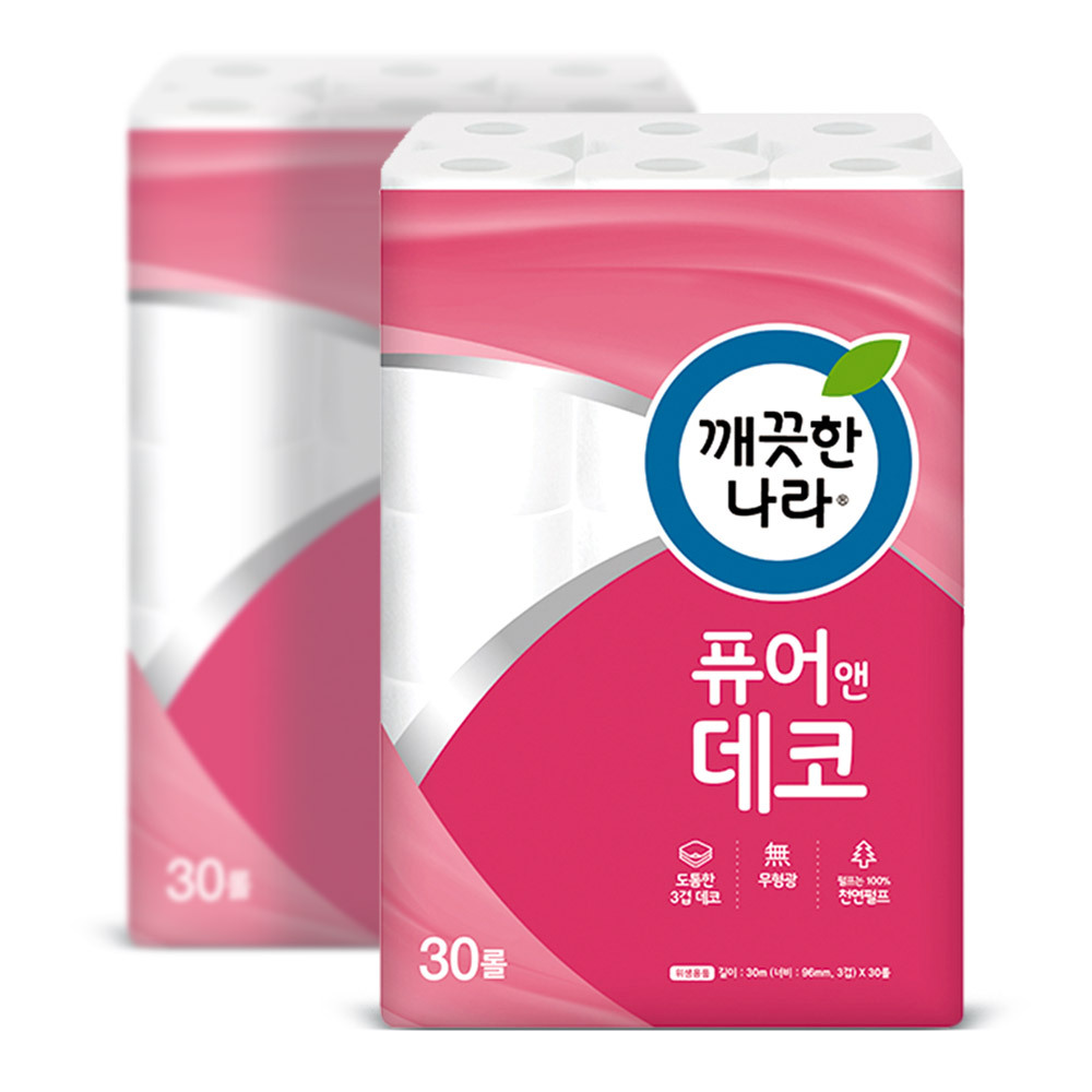 깨끗한나라 3겹 데코 순수 퓨어 화장지 30m 30롤 2팩