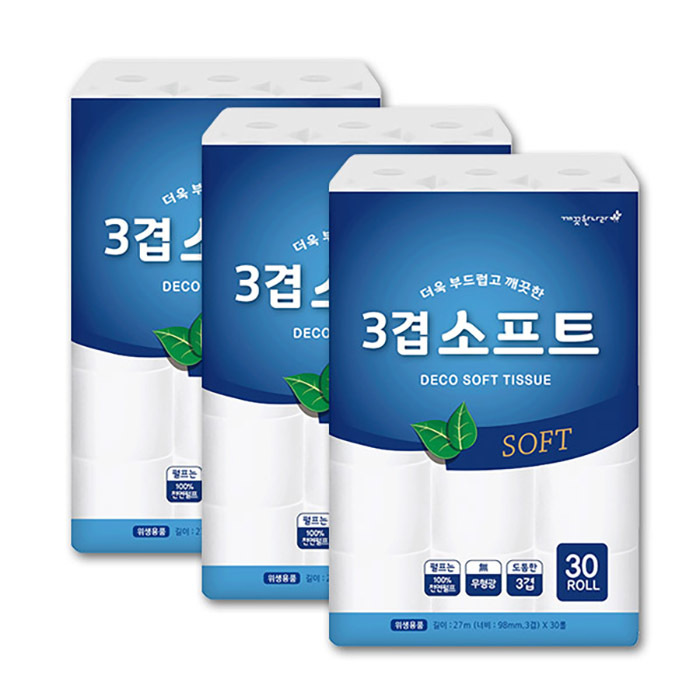 깨끗한나라 3겹 데코 소프트 화장지 27m 30롤 3팩