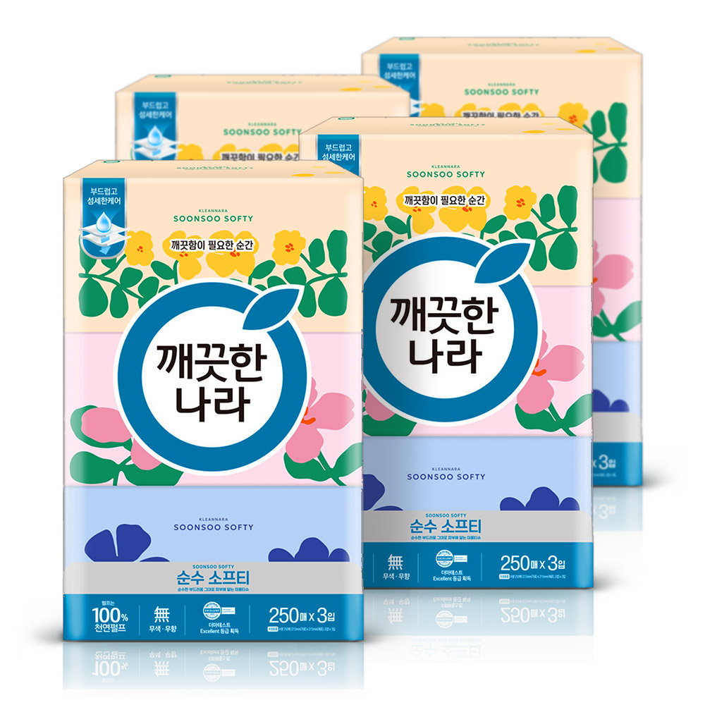 깨끗한나라 순수 소프티 미용티슈 250매 3입 4팩