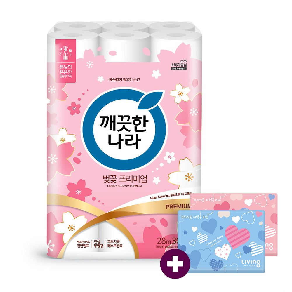 깨) 벚꽃 프리미엄 화장지 28m 30롤 1팩+여행용2개