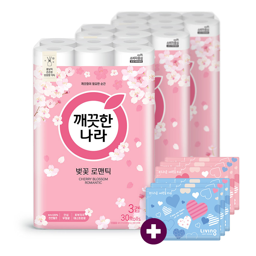 깨끗한나라 화장지 벚꽃 로맨틱 27m30롤3팩+여행용6개