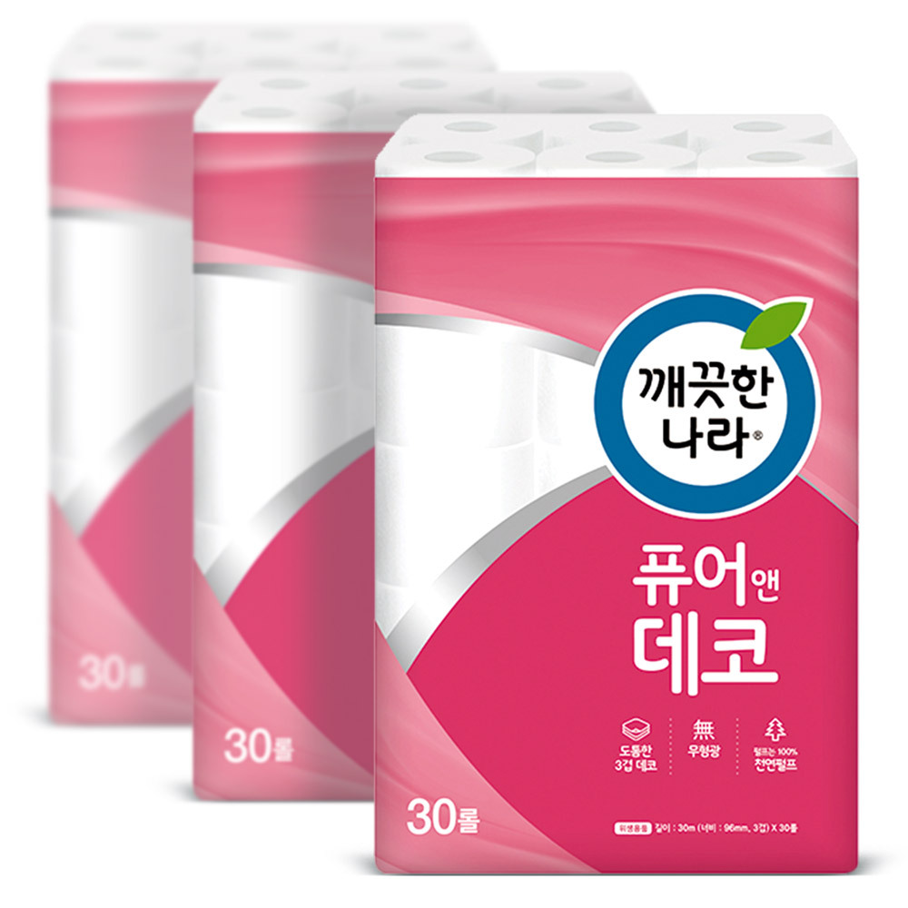 깨끗한나라 3겹 데코 순수 퓨어 화장지 30m 30롤 3팩