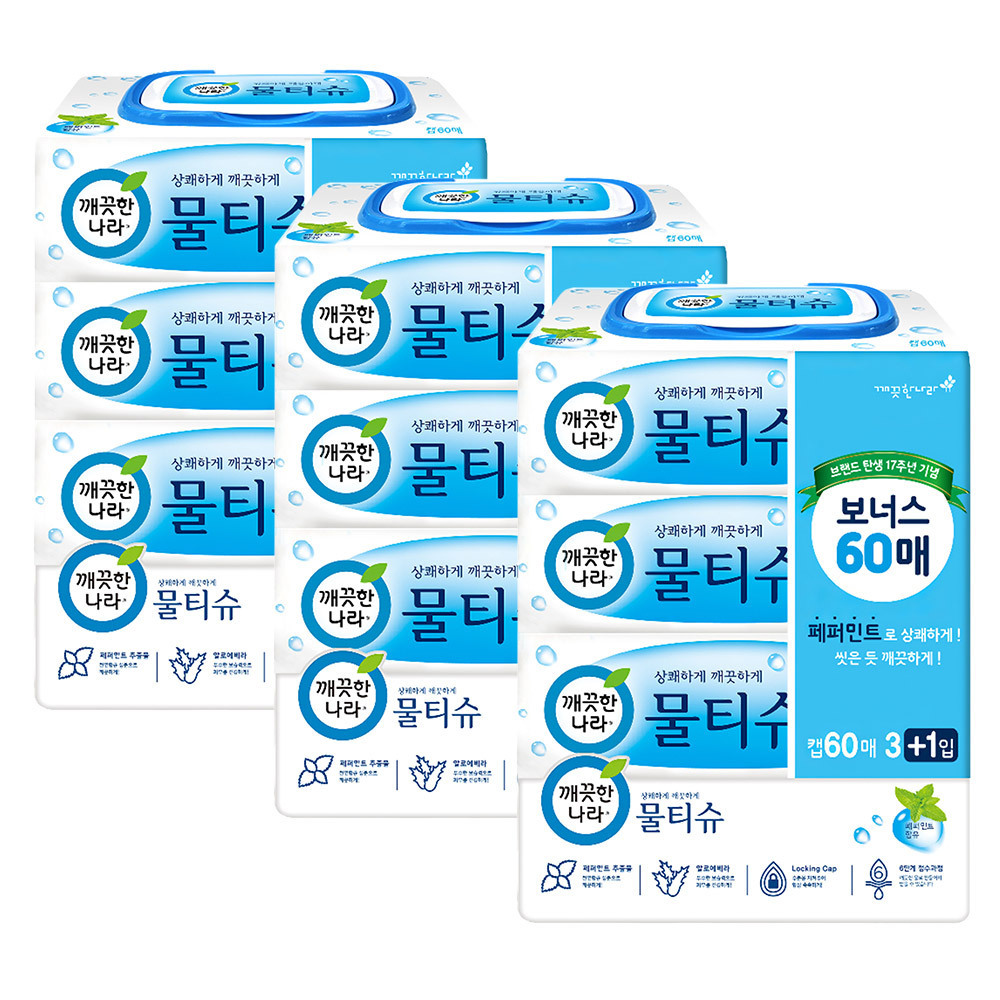 깨끗한나라 페퍼민트 물티슈 기획 캡60매 4입 3팩
