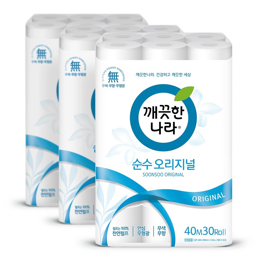 깨) 2겹 데코 순수 오리지날 화장지 40m 30롤 3팩