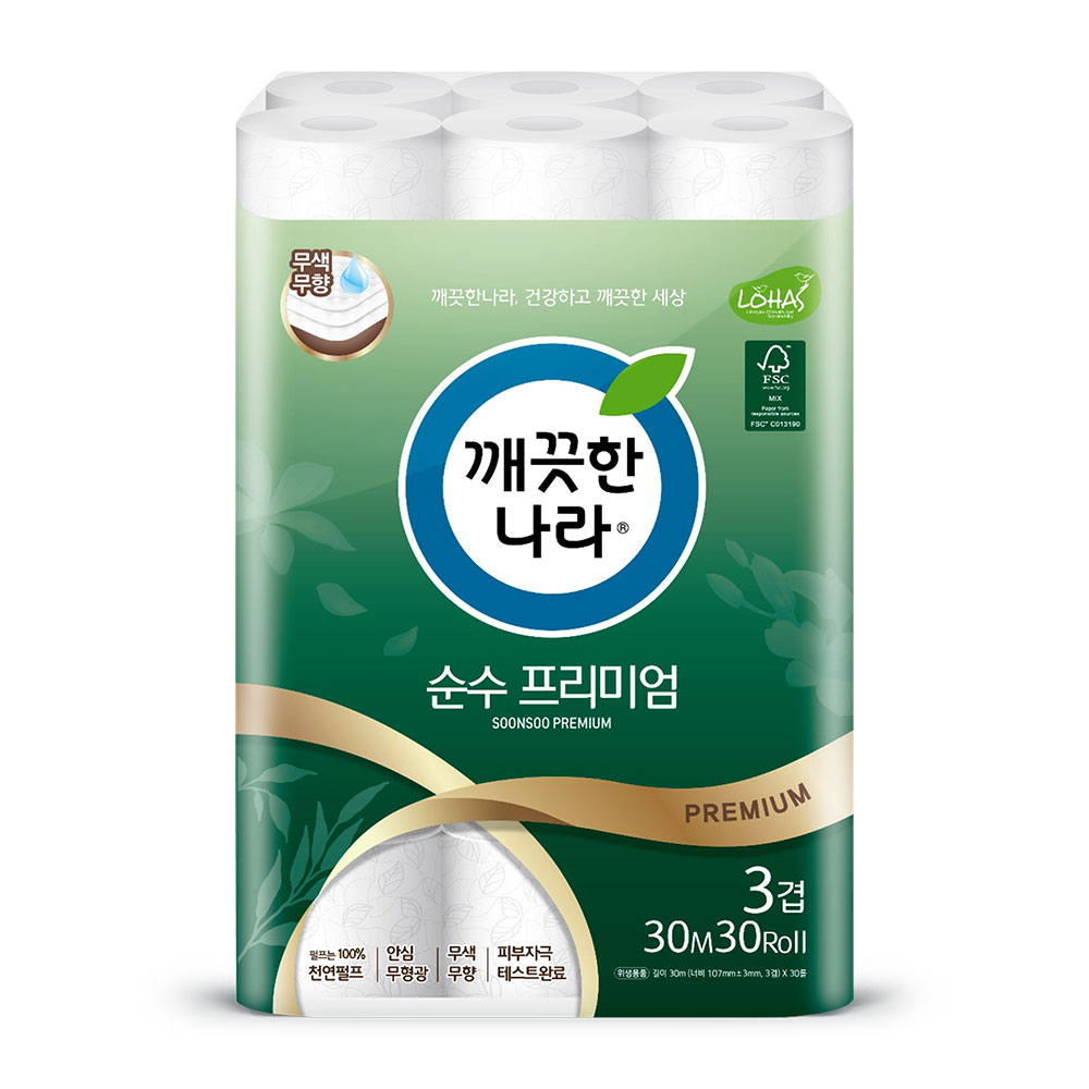깨) 3겹 데코 순수 프리미엄 화장지 30m 30롤 1팩