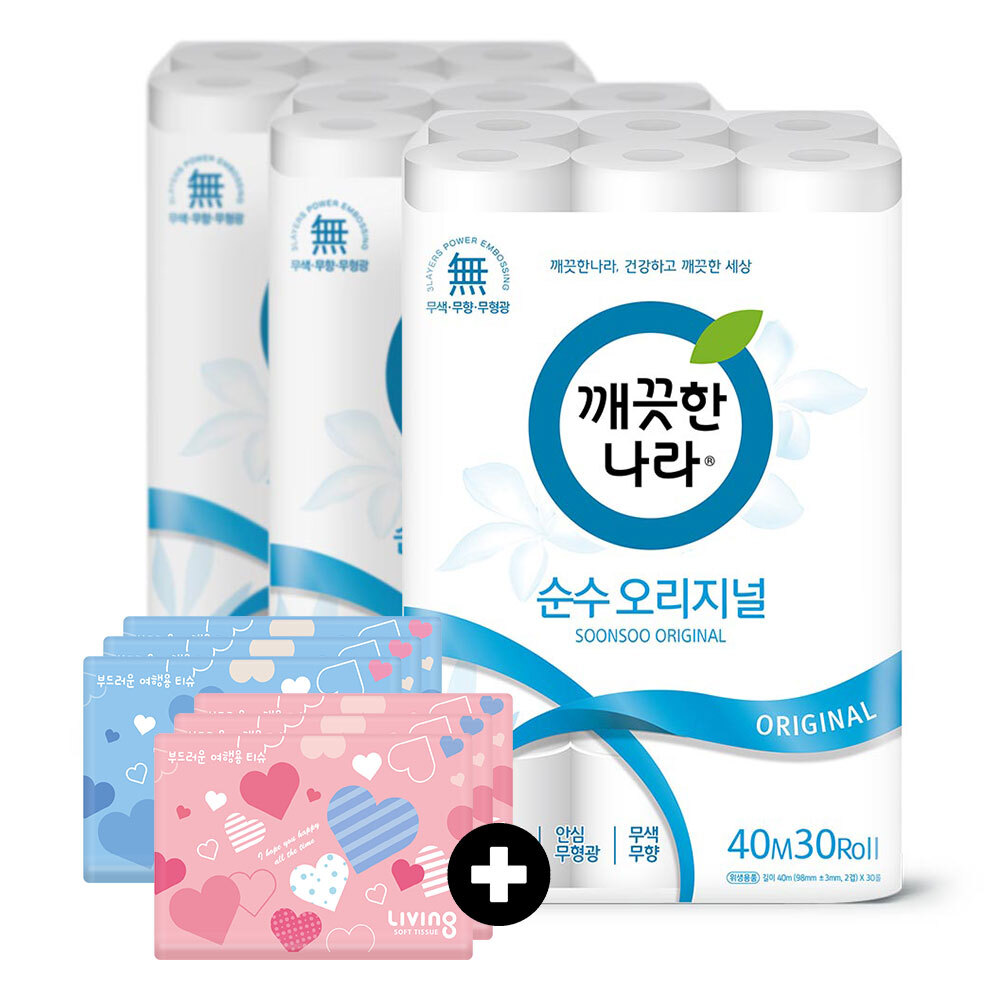 깨) 2겹데코 순수 화장지 40m30롤3팩 +여행용40매6팩