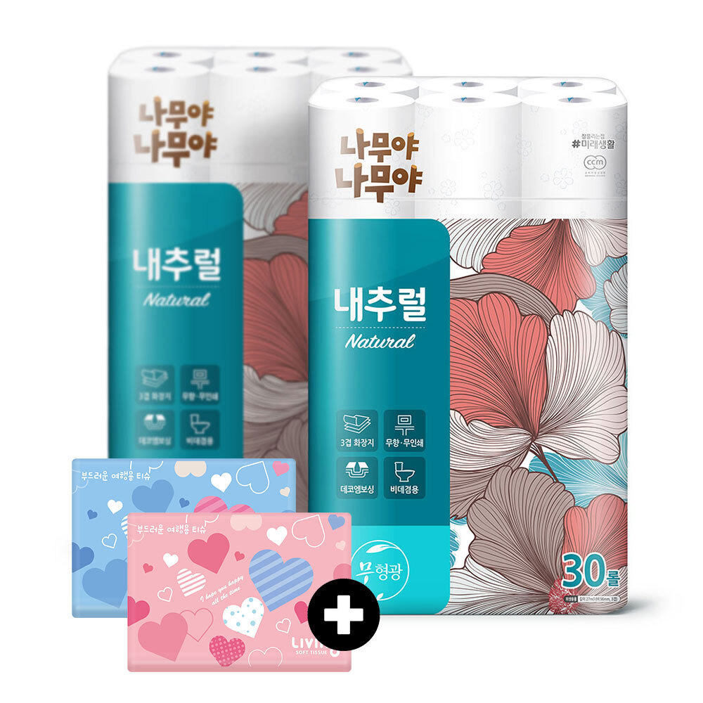 미래) 나무야 내츄럴 화장지 27m 30롤 2팩+여행40매2팩
