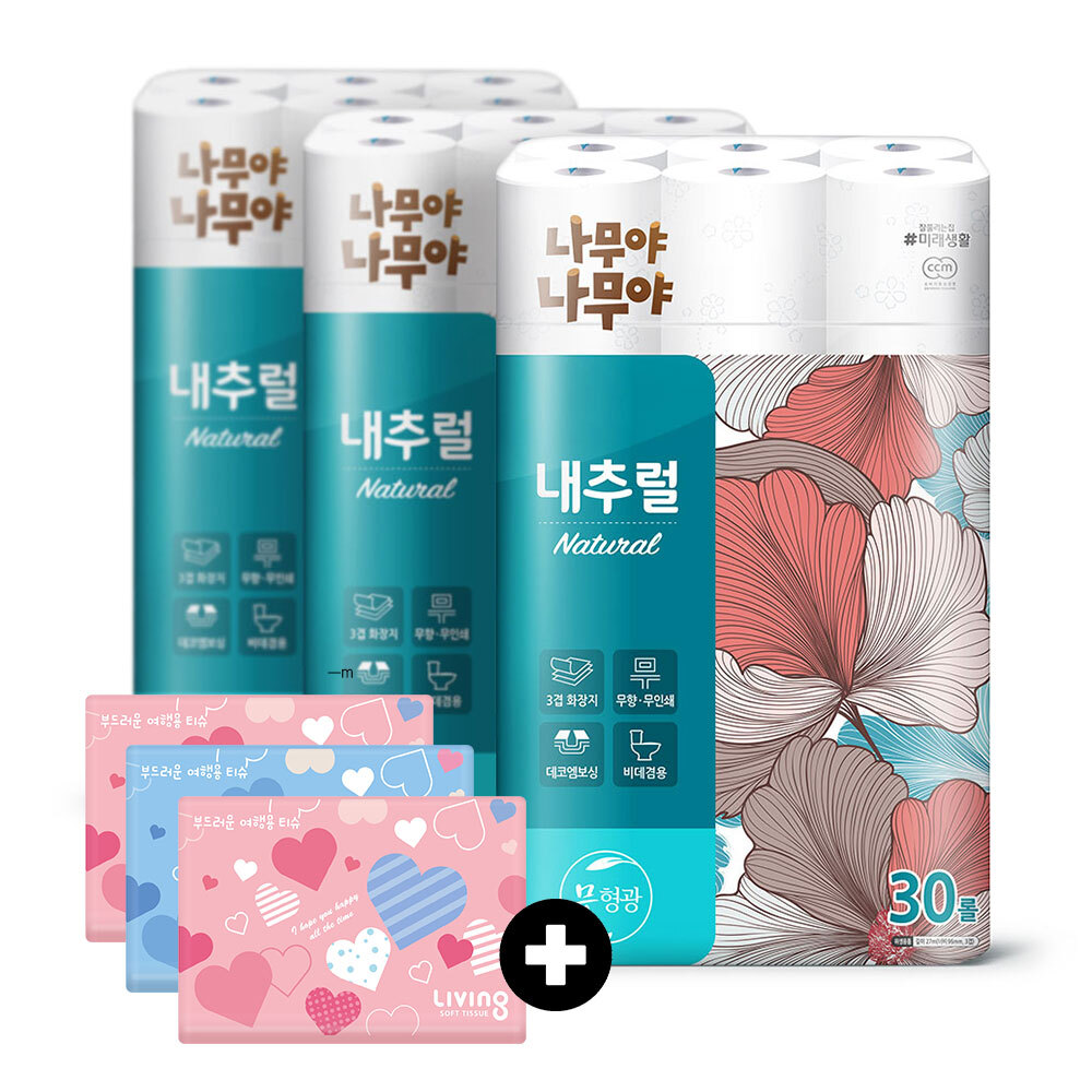 미래) 나무야 내츄럴 화장지 27m 30롤 3팩+여행40매3팩