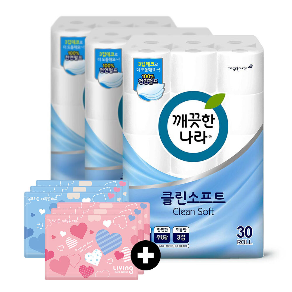 깨) 클린 소프트 화장지 30m30롤3팩 +여행용40매6팩