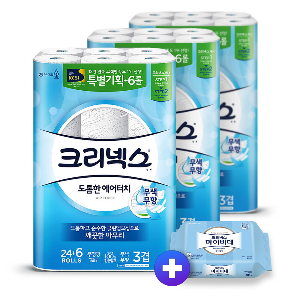 크리넥스 화장지 에어터치 27m 24+6롤3팩 +비데46매
