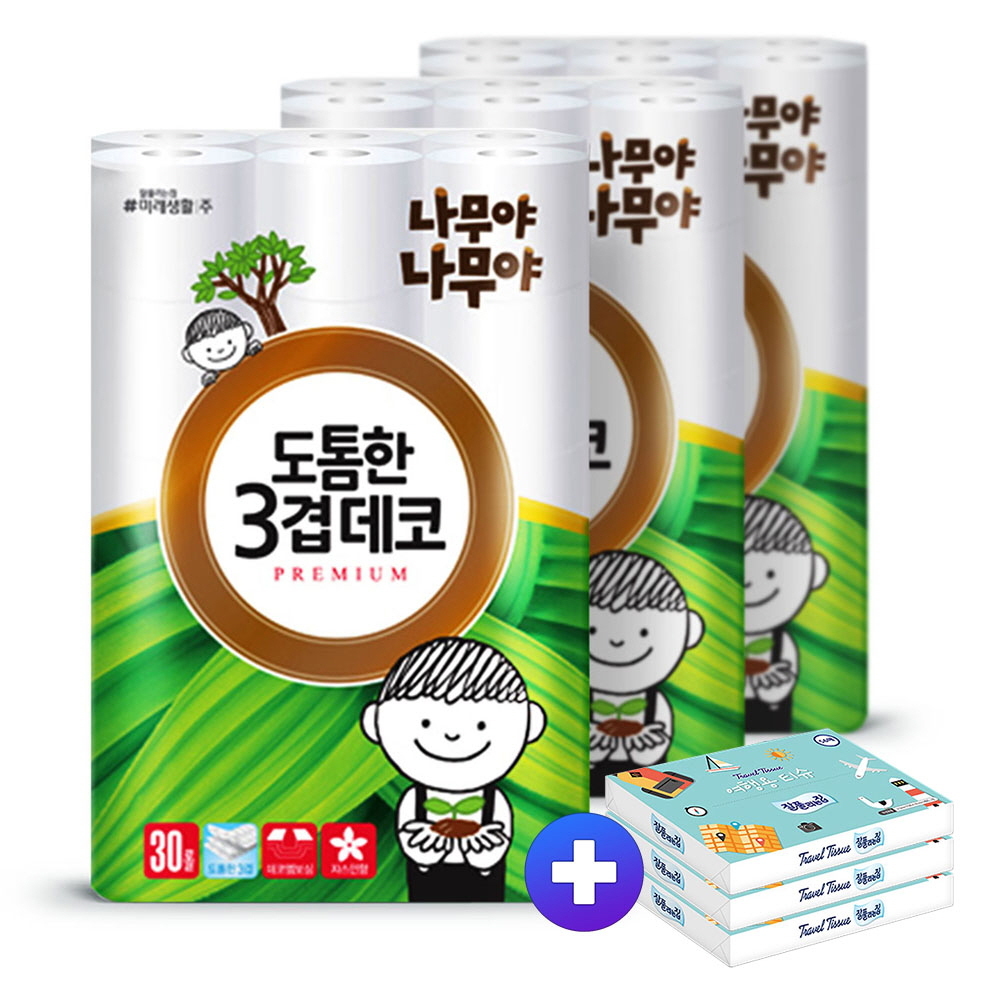 나무야 도톰한 3겹 화장지 30m30롤3팩 +티슈56매3개