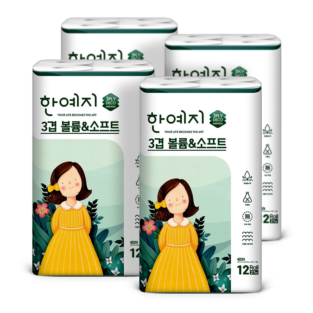 한예지 3겹 볼륨앤소프트 화장지 27m 12롤 x4팩