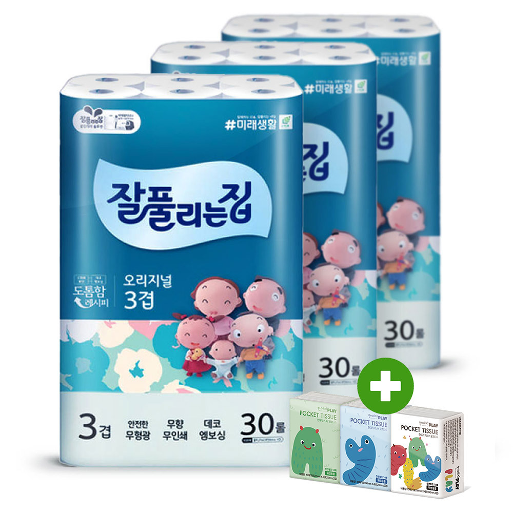 잘집 오리지날 화장지 27m30롤 3팩 +포켓10매3팩