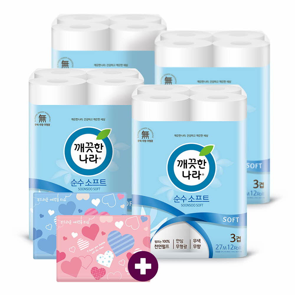 깨) 순수 소프트 화장지 27m12롤4팩 +여행용40매2개