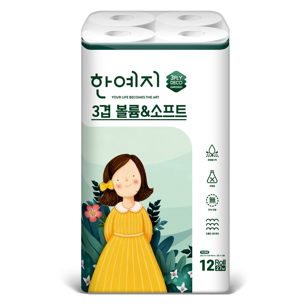 한예지 3겹 볼륨앤소프트 화장지 27m 12롤 x1팩