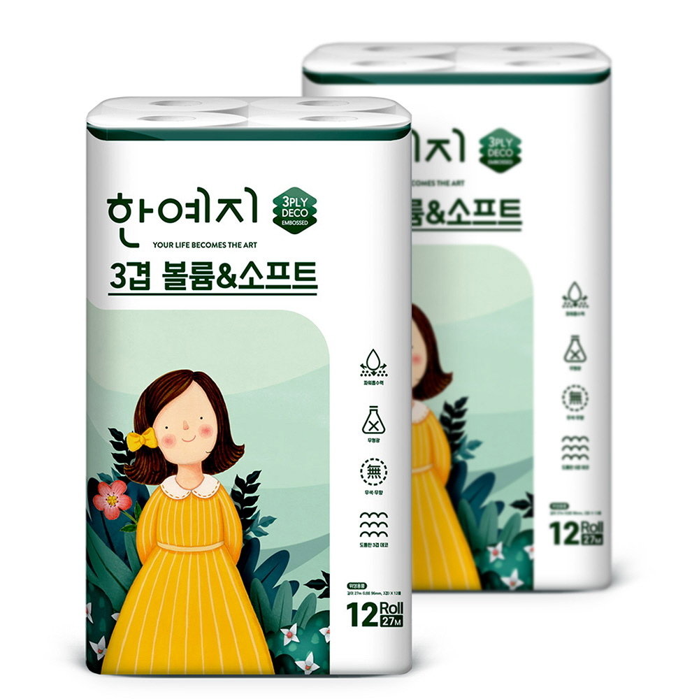한예지 3겹 볼륨앤소프트 화장지 27m 12롤 x2팩