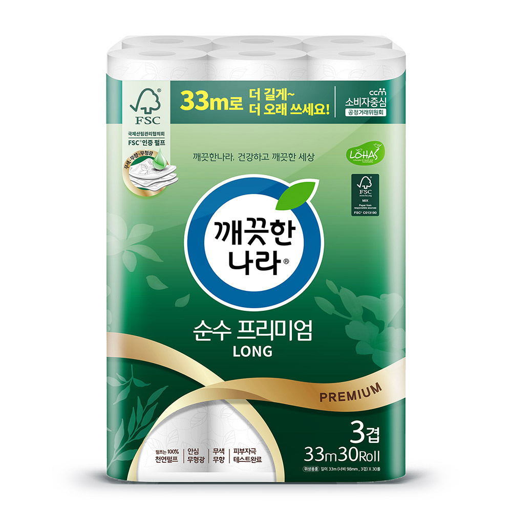 순수 프리미엄 화장지 33m 30롤 1팩 휴지 두루마리