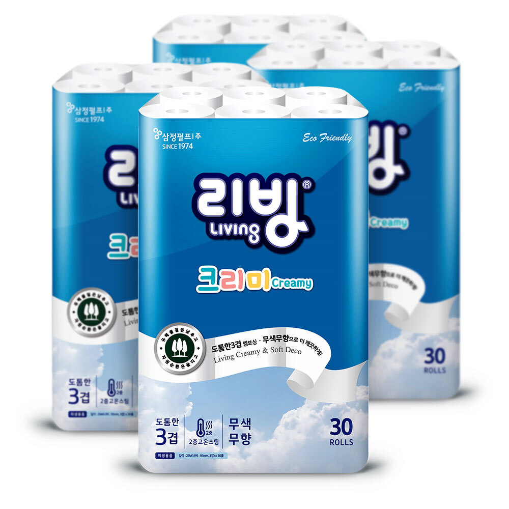 삼정 3겹 크리미 실속형 화장지 25M 30롤 4팩