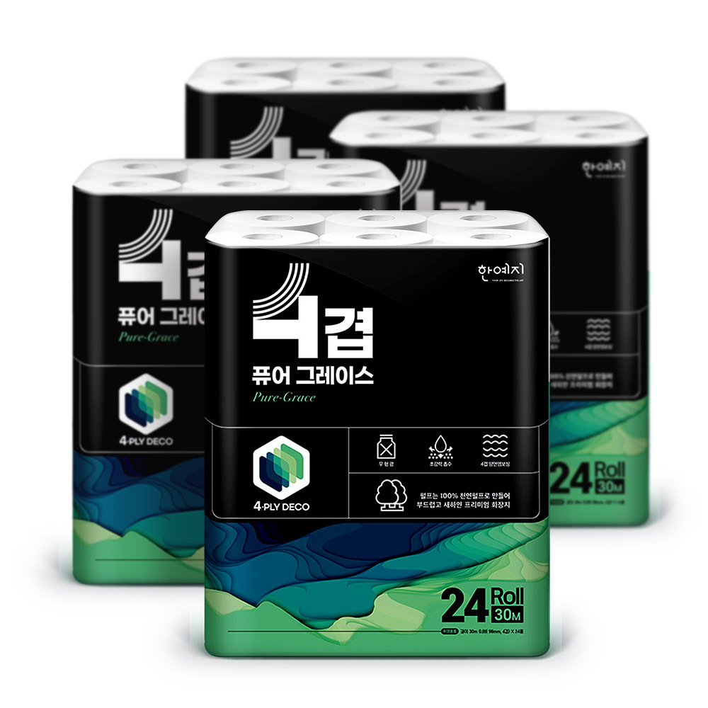 한예지 4겹 퓨어그레이스 화장지 30m 24롤 4팩 휴지