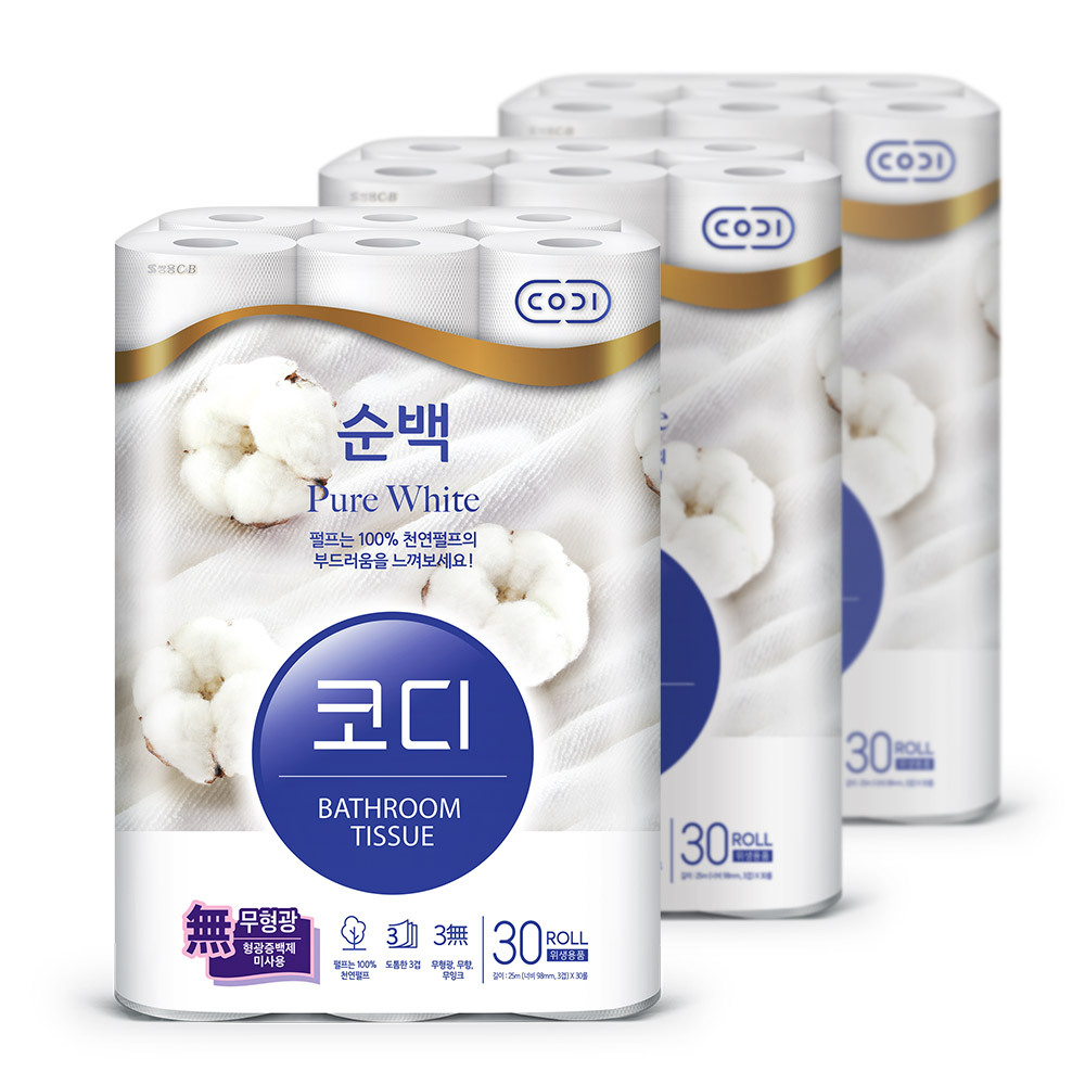 코디 순백 화장지 25m 30롤 x3팩 휴지 두루마리