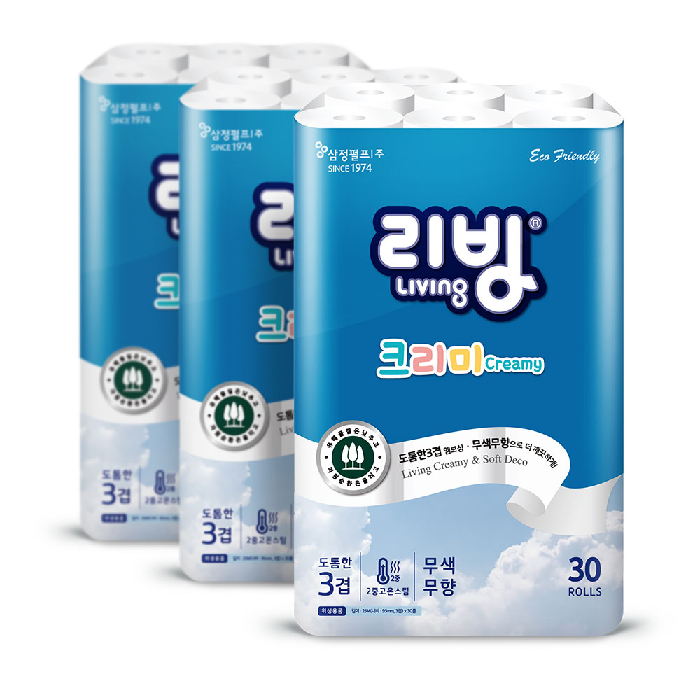 삼정 3겹 크리미 실속형 화장지 25M 30롤 3팩