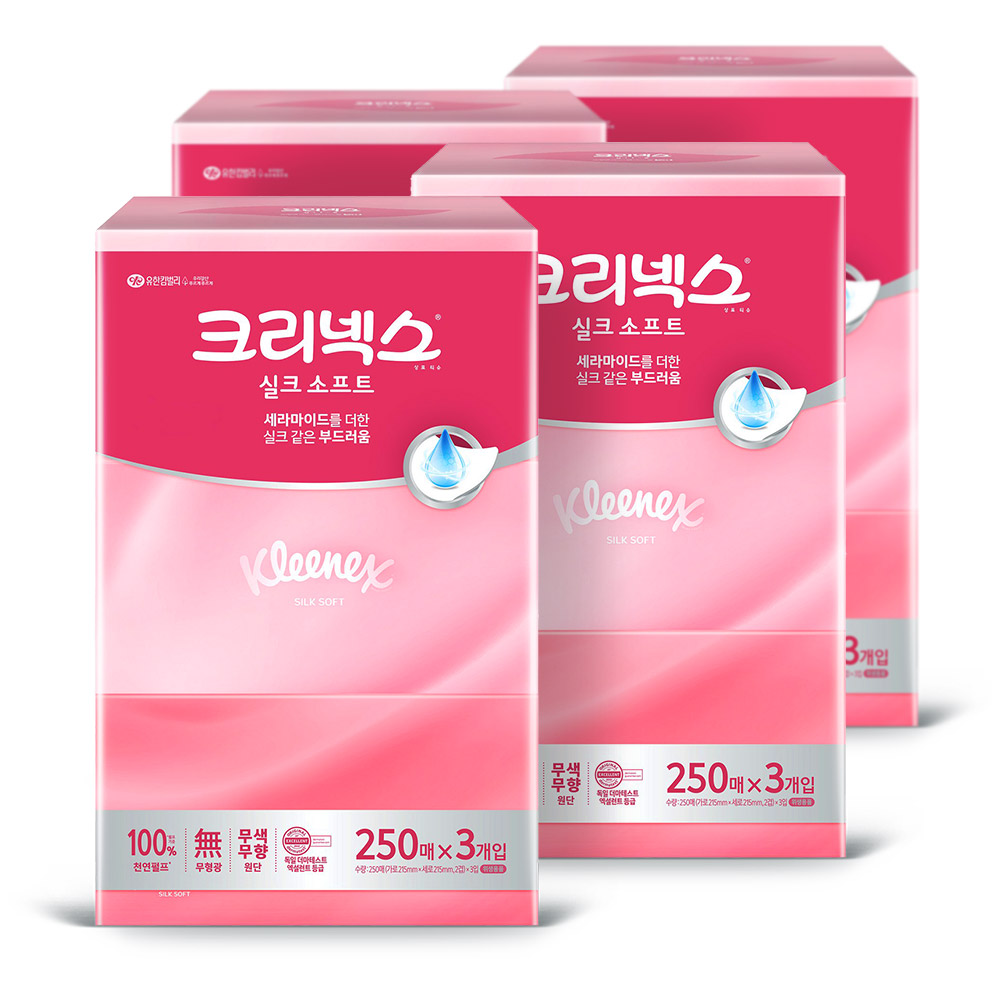 크리넥스 미용티슈 실크 소프트 250매 3입 x4팩
