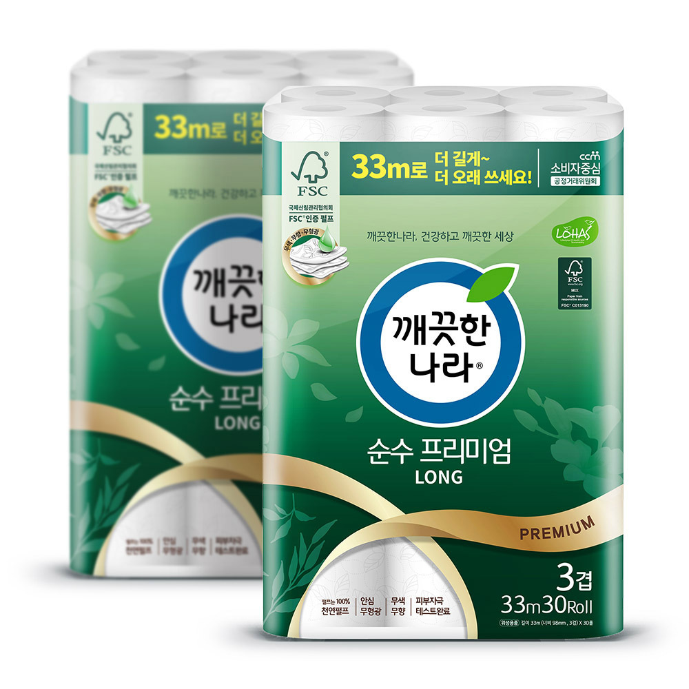 순수 프리미엄 화장지 33m 30롤 2팩 휴지 두루마리