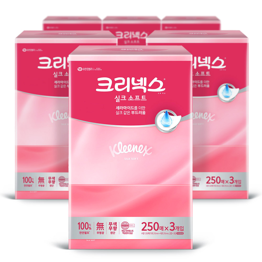 크리넥스 미용티슈 실크 소프트 250매 3입 x6팩