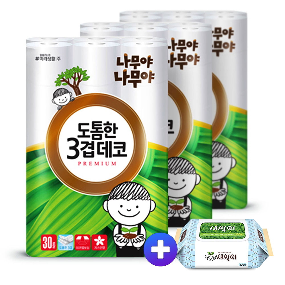 나무야 도톰한 3겹 화장지 30m30롤3팩 +새싹이100매