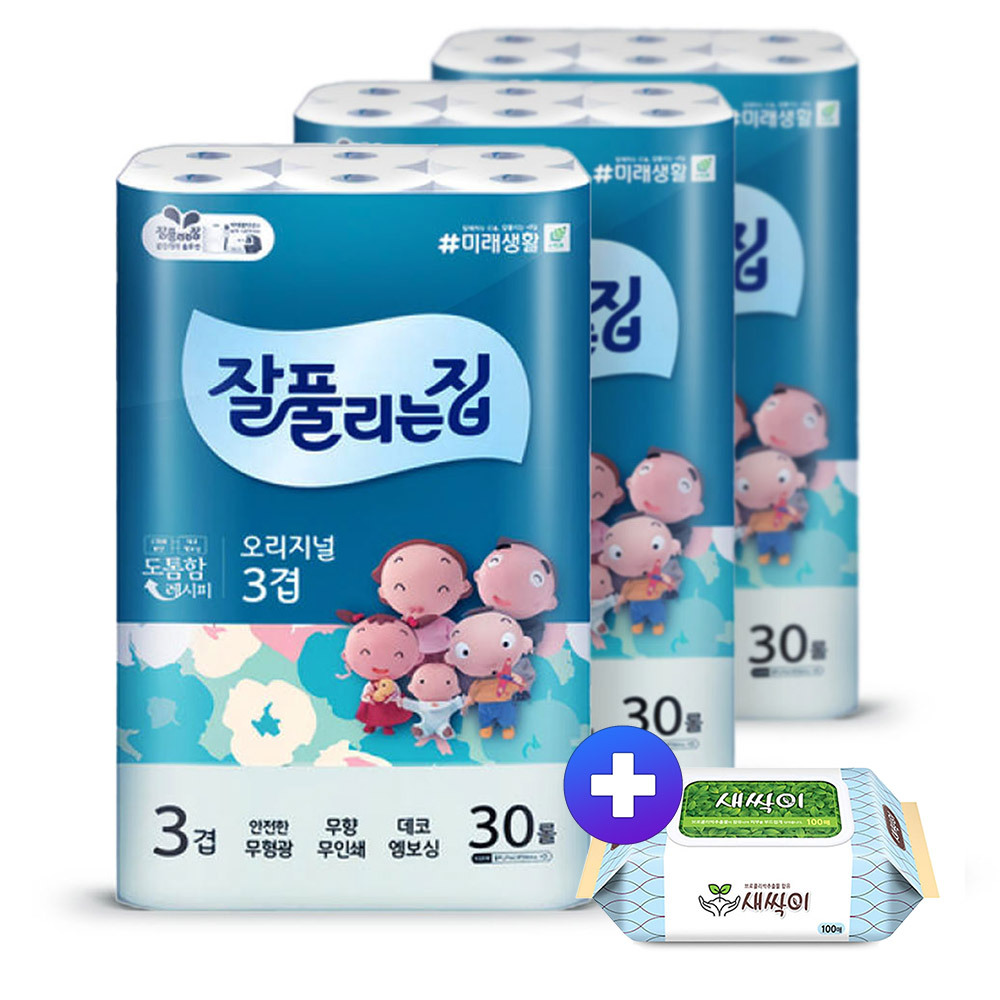 잘집 오리지날 화장지 27m30롤 3팩 +물티슈100매