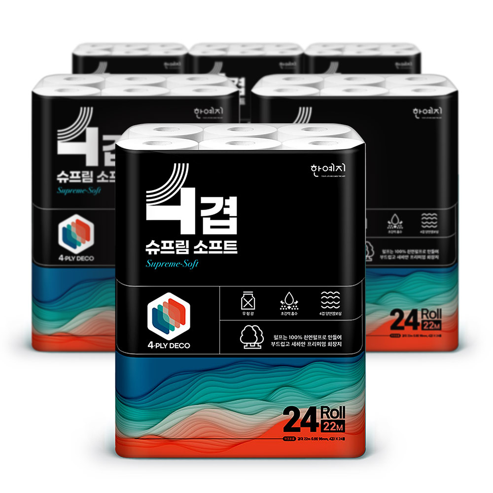 한예지 4겹 슈프림소프트 화장지 22m 24롤 6팩 휴지