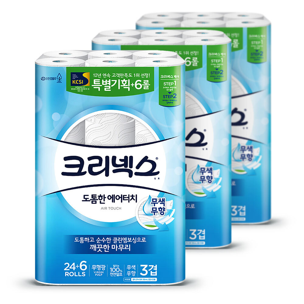 유한킴벌리 화장지 크리넥스 에어터치 27m 24+6롤 3팩
