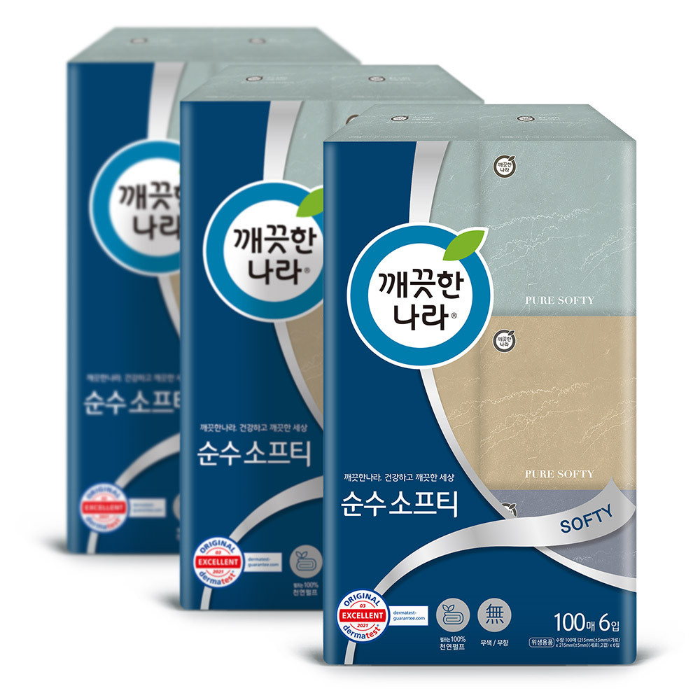 깨끗한나라순수 소프티 미용티슈 100매 6입 3팩