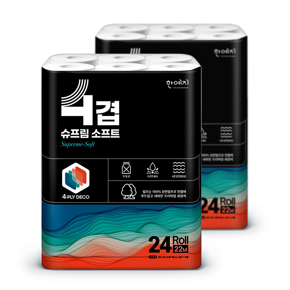 한예지 4겹 슈프림소프트 화장지 22m 24롤 2팩 휴지
