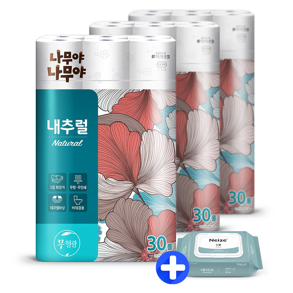 나무야 내츄럴 무형광화장지 27m30롤3팩 +물티슈20매
