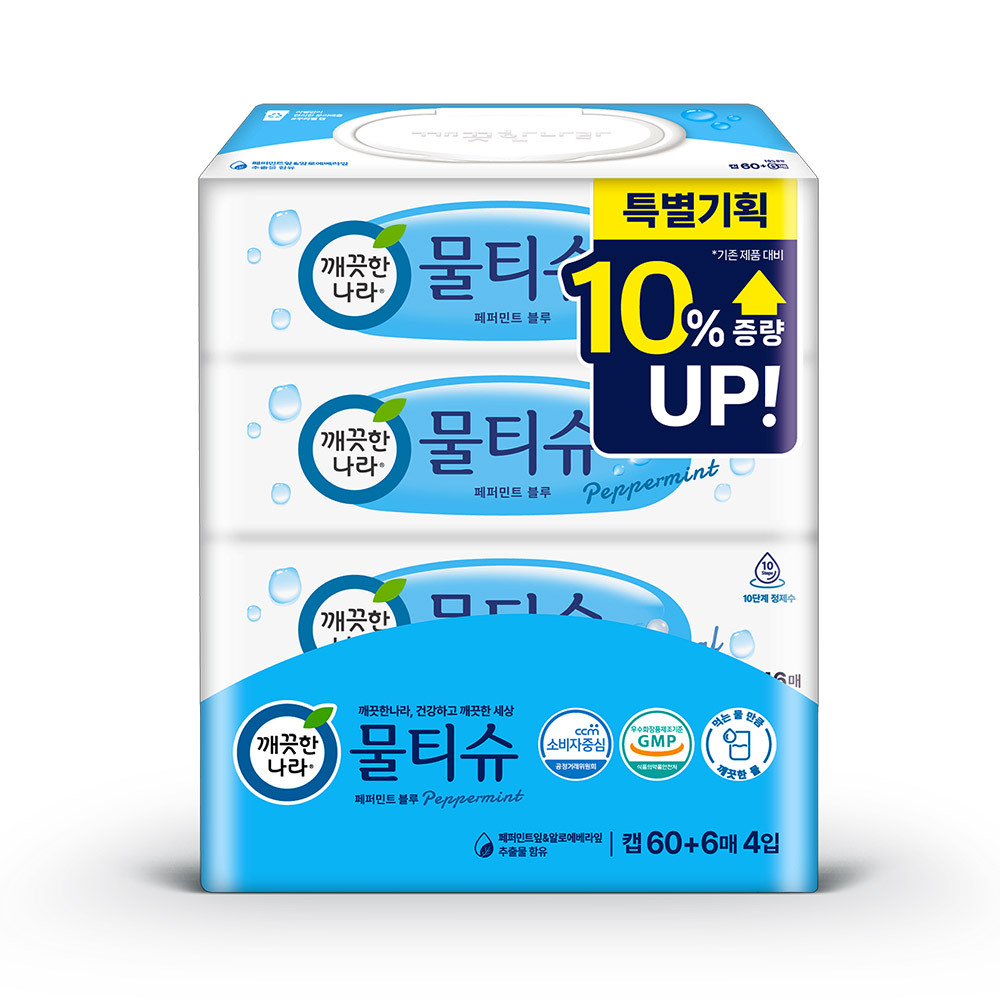 깨끗한나라 물티슈 페퍼민트 캡형 60+6매4입 x1팩