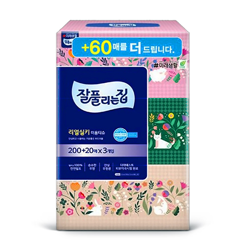 잘풀리는집 리얼실키 미용티슈 200매+20매 3입 x1팩